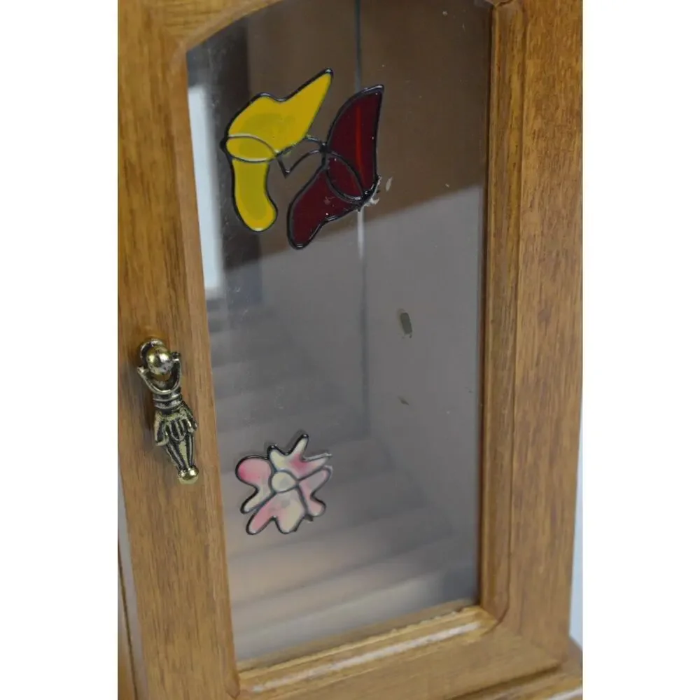 Vintage Wood Jewelry Armoire Cabinet Mirror Glass Door Necklace Box 10